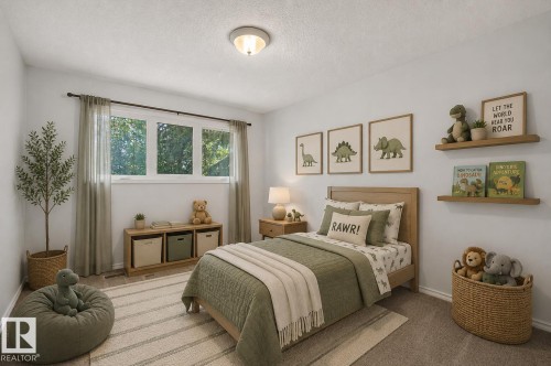Recessed ceiling light fixture, light wood-finish bed frame, light wood-finish nightstand, light wood-finish storage bench, and wood-finish floating shelves - 16016 78A Avenue Nw, Edmonton, AB 