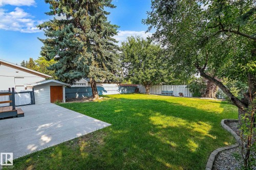 Expansive backyard featuring a concrete patio, a detached shed, manicured lawn, and mature trees - 16016 78A Avenue Nw, Edmonton, AB 