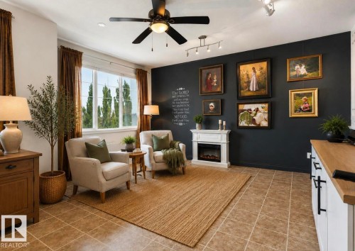 Tiled flooring, white window frames, ceiling fan, track lighting, and a built-in fireplace - 22 Voleta Crest, Spruce Grove, AB 