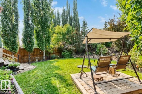 Manicured lawn with a wooden fence and mature trees - 22 Voleta Crest, Spruce Grove, AB 