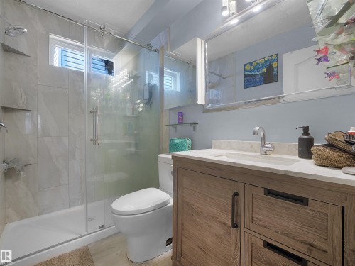 Modern bathroom featuring a glass-enclosed shower with tile surround and built-in niches - 13338 131 Street Nw, Edmonton, AB 