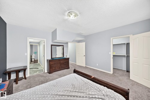 Carpeted bedroom with a built-in closet featuring shelving, an attached bathroom with a toilet and vanity, and a ceiling light fixture - 4711 152 Avenue Nw, Edmonton, AB 