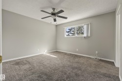 Spacious bedroom with neutral wall finishes, plush carpet flooring, and abundant natural light from dual windows - 