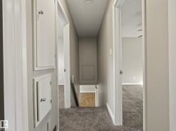 Hallway with neutral carpet flooring, white painted walls, and multiple white-trimmed doors providing access to adjoining rooms - 