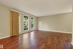 Rich wood-finish flooring, neutral wall paint, and multiple windows with white trim - 