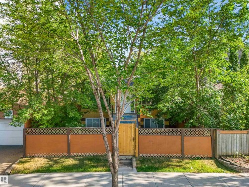 Private front yard featuring a wood gate, lattice fence, and mature trees - 9347 105 Avenue Nw, Edmonton, AB 