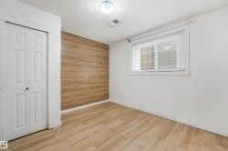 Wood-finish flooring, white walls, and a wood-panel accent wall - 