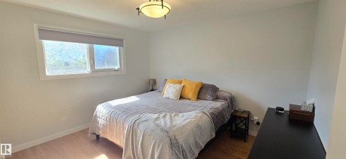 Light wood-finish flooring, white walls, and a multi-pane window with a roller shade - 4713 55 Avenue, Vegreville, AB 