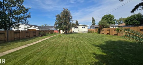Expansive backyard with a large lawn, mature trees, and privacy fencing - 4713 55 Avenue, Vegreville, AB 