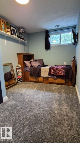 Carpeted flooring with a geometric pattern, wall-mounted shelving, and a dual-pane window - 5201 56A Street, Beaumont, AB 