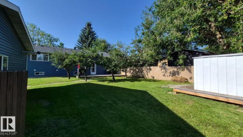 Expansive grass lawn featuring mature trees and a separate storage shed with a wood-finish base - 5201 56A Street, Beaumont, AB 
