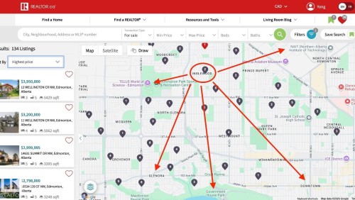 Real Estate Listing Interface. Displaying property listings on a map with search criteria and results panel - 11730 125 Street Nw, Edmonton, AB 