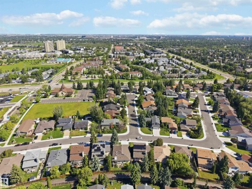 Residential neighborhood setting featuring single-family homes with mature trees and paved streets - 31 Gariepy Crescent Nw, Edmonton, AB - Outdoor With View