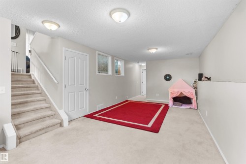 Carpeted flooring throughout, flush mount lighting, white paneled door, and three transom windows - 13028 34 Street Nw, Edmonton, AB 