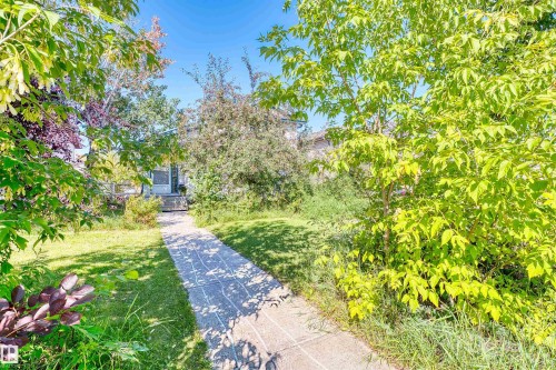 Gated property entrance with a paved walkway, mature trees, and a manicured lawn - 13028 34 Street Nw, Edmonton, AB 