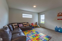 Carpeted room featuring light gray walls, two windows with white trim, and recessed lighting - 