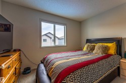 Carpeted bedroom with a window featuring white trim - 