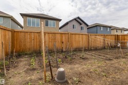 Expansive backyard garden area featuring cultivated rows and a vertical trellis system, fully enclosed by a tall wood privacy fence - 