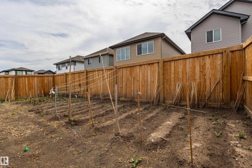 Spacious backyard with a wood privacy fence, featuring cultivated garden beds and garden stakes - 41 Sequoia Bend, Fort Saskatchewan, AB 