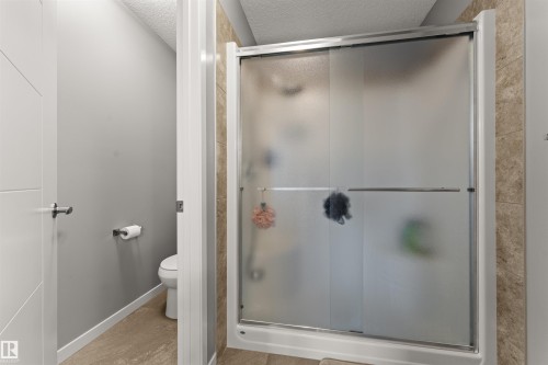 Frosted glass shower enclosure with sliding door and tile surround - 12218 176 Avenue Nw, Edmonton, AB 