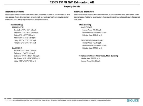 Property Details. Presenting room measurements and floor area information for the property - 12303 131 St Nw Nw, Edmonton, AB 