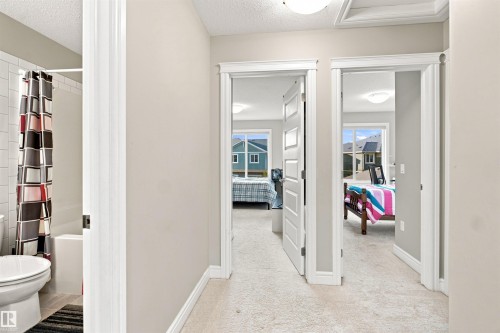 Hallway with carpet flooring, white trim, and doors leading to rooms with windows - 8024 Orchards Green Green Sw, Edmonton, AB 