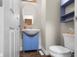 Pedestal sink with blue vanity, oval wall mirror, wall-mounted shelving, and wood-finish flooring - 