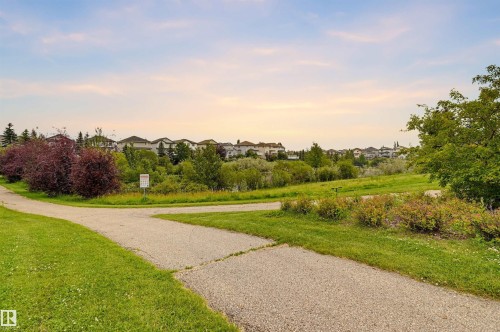 Paved walking path traversing a landscaped green space with mature trees and shrubs - #314 245 Edwards Dr Sw, Edmonton, AB - Outdoor With View