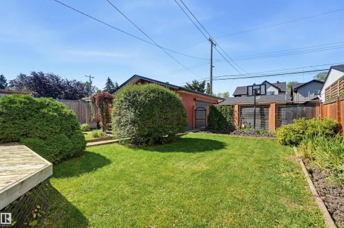 Expansive backyard featuring a lush lawn, a wood-slat deck, and a brick-built outbuilding with a wrought-iron gate - 10726 128 Street Nw, Edmonton, AB 
