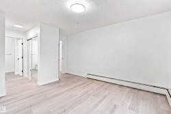 Wood-finish flooring, white walls, flush mount ceiling lighting, mirrored closet doors, and baseboard heating - 
