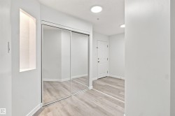 Mirrored sliding closet doors, wood-finish flooring, recessed wall niche with accent lighting, and flush-mount ceiling lighting - 