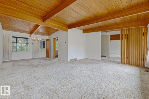 Vaulted wood-paneled ceiling with exposed beams - 7508 139 Street Nw, Edmonton, AB 