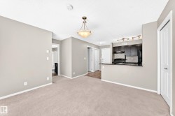 Neutral-toned carpet flooring, light gray wall paint, and a bronze-finish chandelier - 