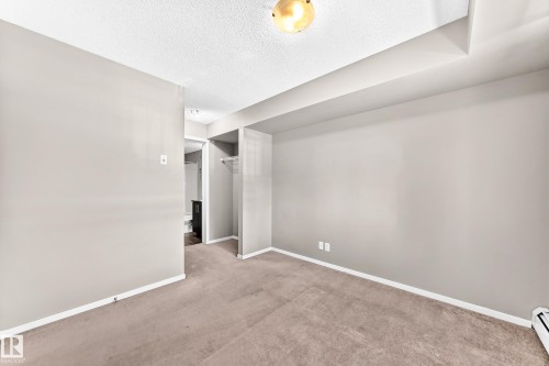Neutral tone wall paint, textured ceiling, flush mount ceiling light fixture, built-in shelving, and carpet flooring - #218 5810 Mullen Pl Nw Nw, Edmonton, AB 