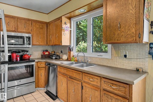 Wood cabinetry, stainless steel appliances, dual basin sink, tile flooring, and a tiled backsplash - 36 Lodgepole Crescent, St. Albert, AB 