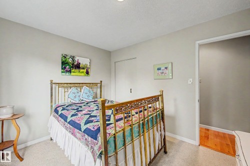 Neutral wall paint, carpet flooring, a built-in closet, and a doorway with wood-finish flooring - 36 Lodgepole Crescent, St. Albert, AB 