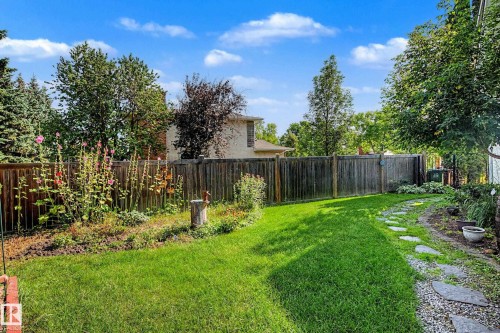 Expansive backyard with a manicured lawn, established landscaping, and a stone-paver pathway - 36 Lodgepole Crescent, St. Albert, AB 