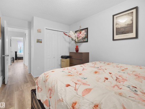 Wood-finish flooring throughout, bright white walls, and bi-fold closet doors - 15511 45 Street Nw, Edmonton, AB 