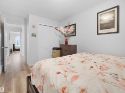 Wood-finish flooring throughout, bright white walls, and bi-fold closet doors - 