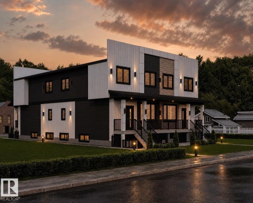 Contemporary facade featuring a black and white vertical panel siding, multiple exterior wall sconces, large windows with black frames, and a manicured lawn with pathway lighting - 8823 90 Street Nw, Edmonton, AB 