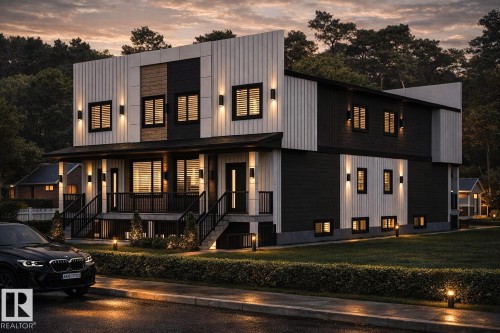 Contemporary facade with vertical white siding and dark horizontal panels - 8823 90 Street Nw, Edmonton, AB 
