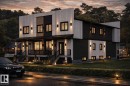 Contemporary facade with vertical white siding and dark horizontal panels - 8823 90 Street Nw, Edmonton, AB 