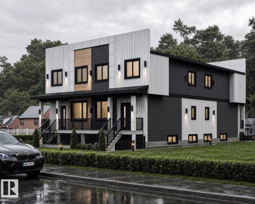 Modern architectural facade featuring contrasting dark and light siding, multiple large windows with horizontal blinds, covered entryways with black railings, and integrated exterior lighting fixtures - 8823 90 Street Nw, Edmonton, AB 