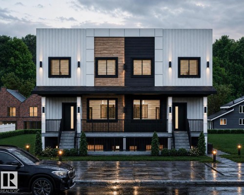 Contemporary duplex featuring a multi-textured facade, integrated exterior lighting, and contrasting dark window frames - 8823 90 Street Nw, Edmonton, AB 