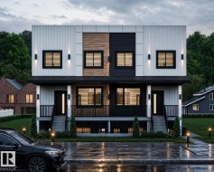 Contemporary duplex featuring a multi-textured facade, integrated exterior lighting, and contrasting dark window frames - 
