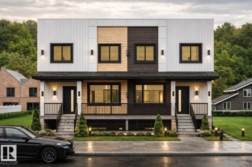Modern duplex with striking two-tone facade, black-framed windows, and integrated exterior lighting - 8823 90 Street Nw, Edmonton, AB 