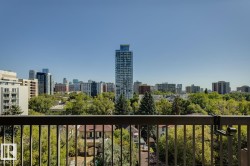 Urban skyline backdrop with a variety of architectural styles, expansive green tree canopy, and a black metal railing - 