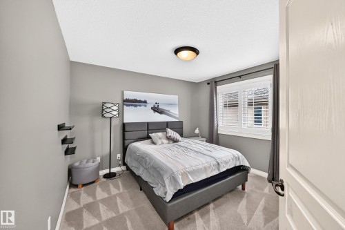 Neutral gray walls, wall-to-wall patterned carpeting, recessed window with plantation shutters, and a ceiling-mounted light fixture - 417 Caldwell Place Nw, Edmonton, AB 