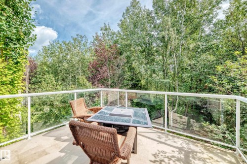 Outdoor concrete deck with glass panel railings and a lush tree backdrop - 417 Caldwell Place Nw, Edmonton, AB 