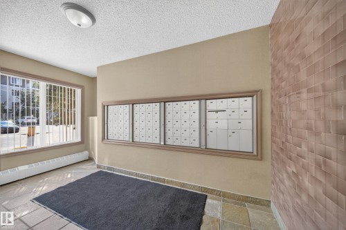 Built-in mailboxes, tiled flooring, textured wall accent, large window with blinds, and ceiling-mounted light fixture - #419 4407 23 St Nw, Edmonton, AB 